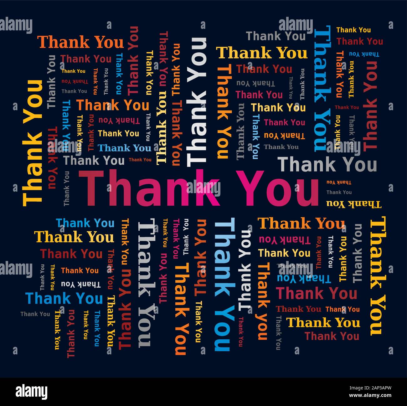 Word Cloud - Vielen Dank in englischer Sprache - Merci. Mehrfarbige Buchstaben und verschiedene Orientierungen Stock Vektor