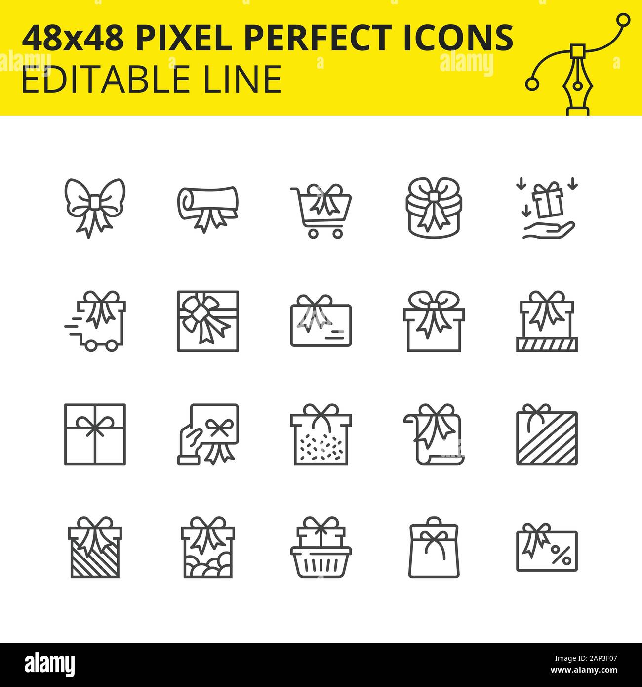 Bearbeitbare Symbole für Geschenke, Überraschungen und Einkaufen. Inklusive Geschenkkarte, Lieferung, Schachteln, Сart usw. Pixel Perfect, 48x48-Skala. Vektor. Stock Vektor