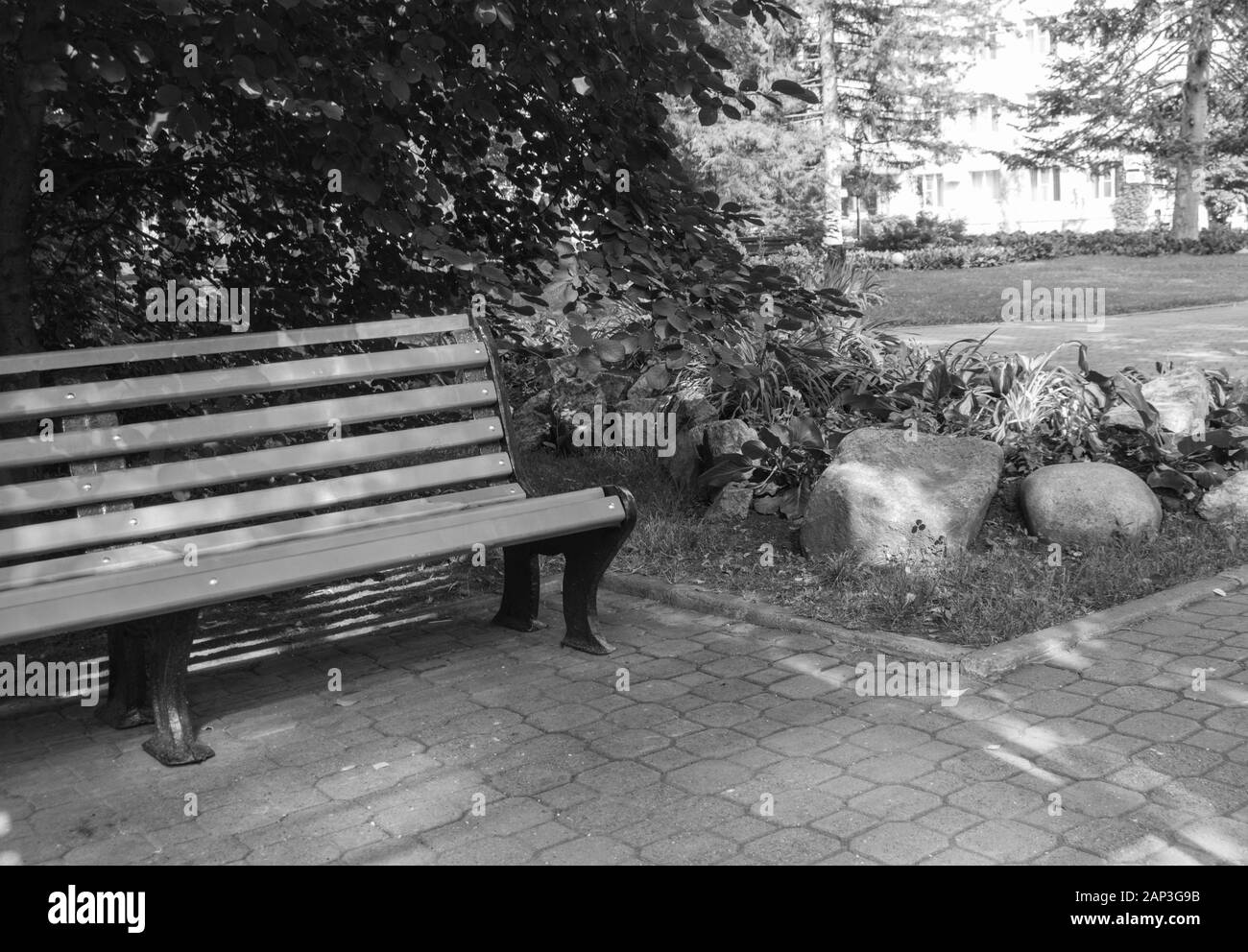 Teil einer Holzbank in der Nähe ein Beet mit Blumen und Steine an einem sonnigen Sommertag in einem Stadtpark, ein schwarz-weiß Foto. Stockfoto