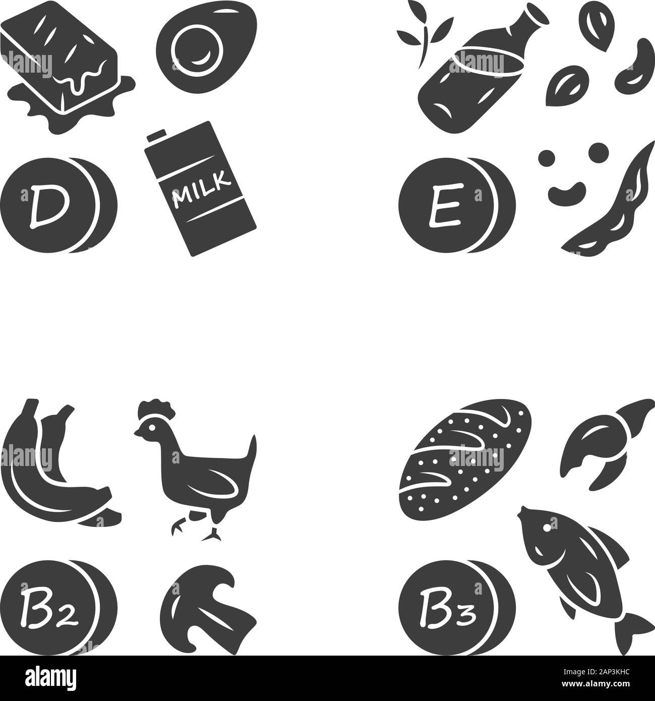 Vitamine Glyphe Symbole gesetzt. D, E, B2, B3 Vitamine natürliche Nahrungsquelle. Milchprodukte, Nüsse. Die richtige Ernährung. Gesundes Essen. Mineralien, Antioxidantien. Vec Stock Vektor