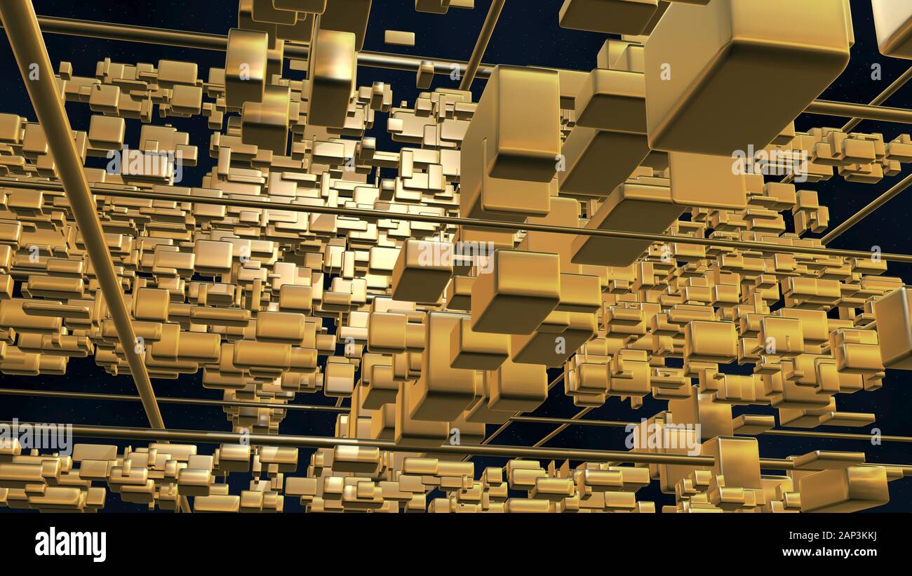 Glänzende goldene Stadt, Raumstation, Würfel, Kisten . 3D-Rendering Stockfoto