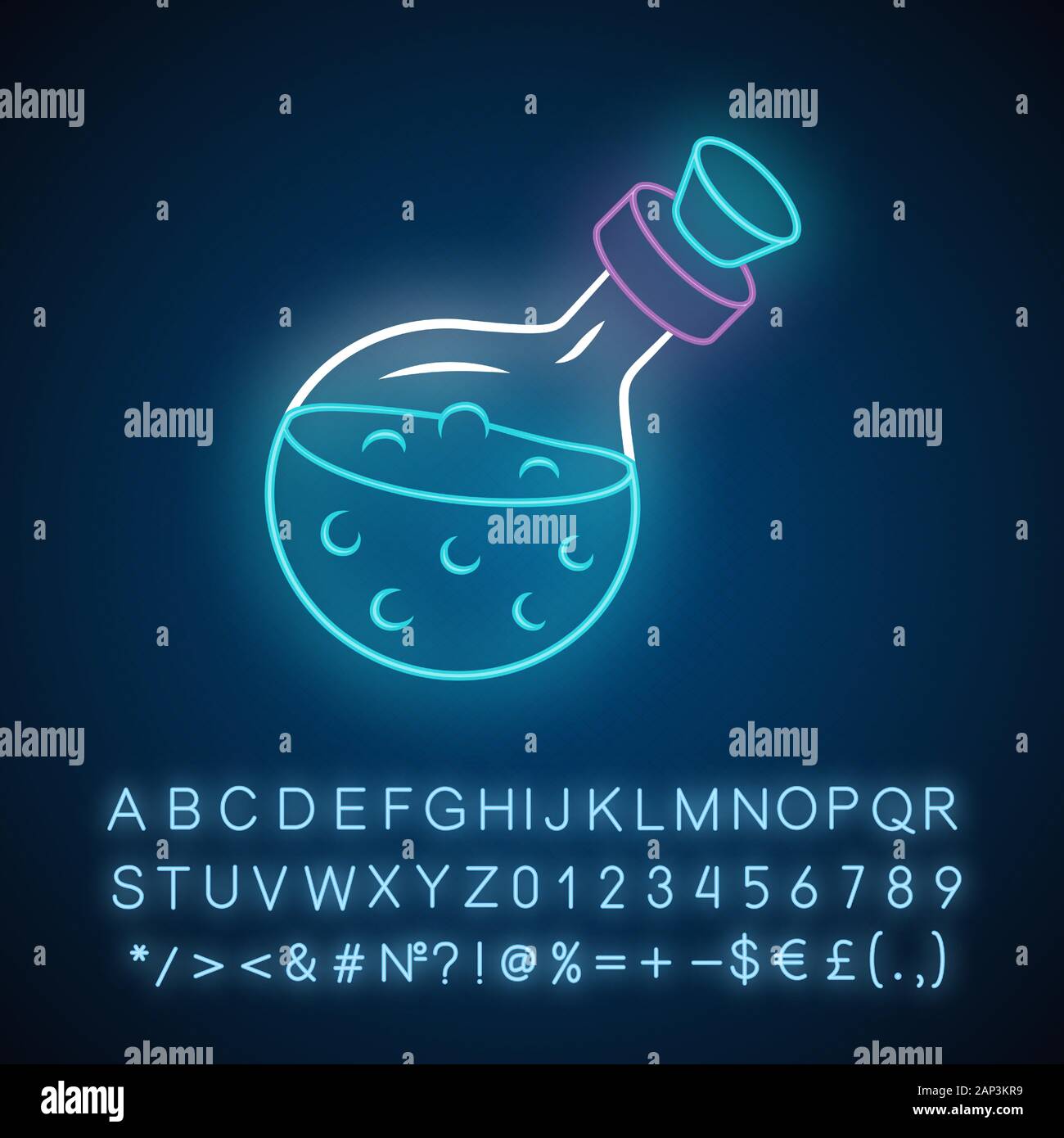 Zaubertrank Flasche Neonlicht Symbol. Alchemie und Apotheke Flüssigkeit. Magischen Elixier, Trinken, Gift. Okkultismus und Magie Zauber. Leuchtende Zeichen mit Alp Stock Vektor