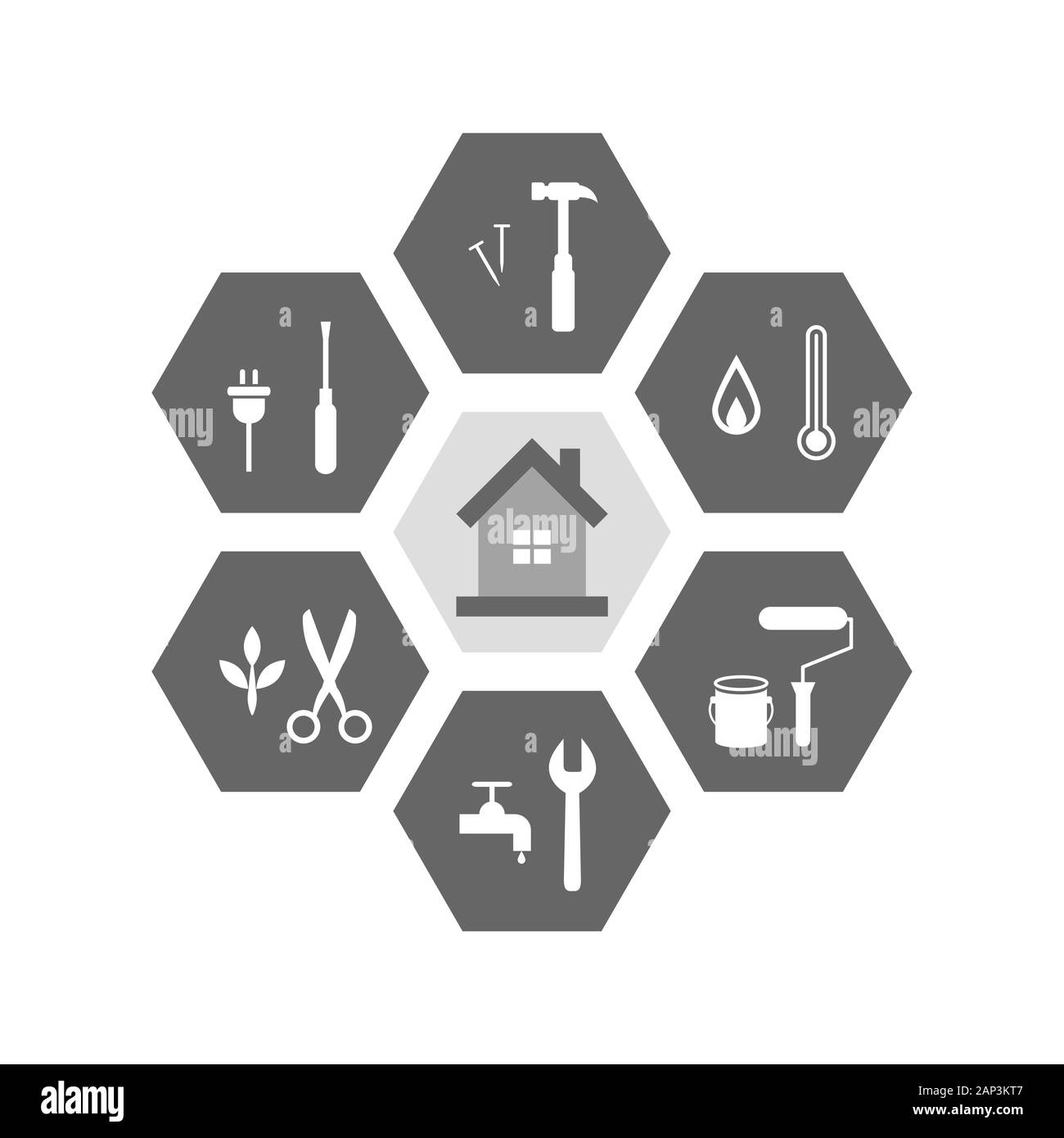 Haus und Werkzeuge um es als Reparatur und Renovierung Konzept. Symbole in Hexagon-form. Stock Vektor