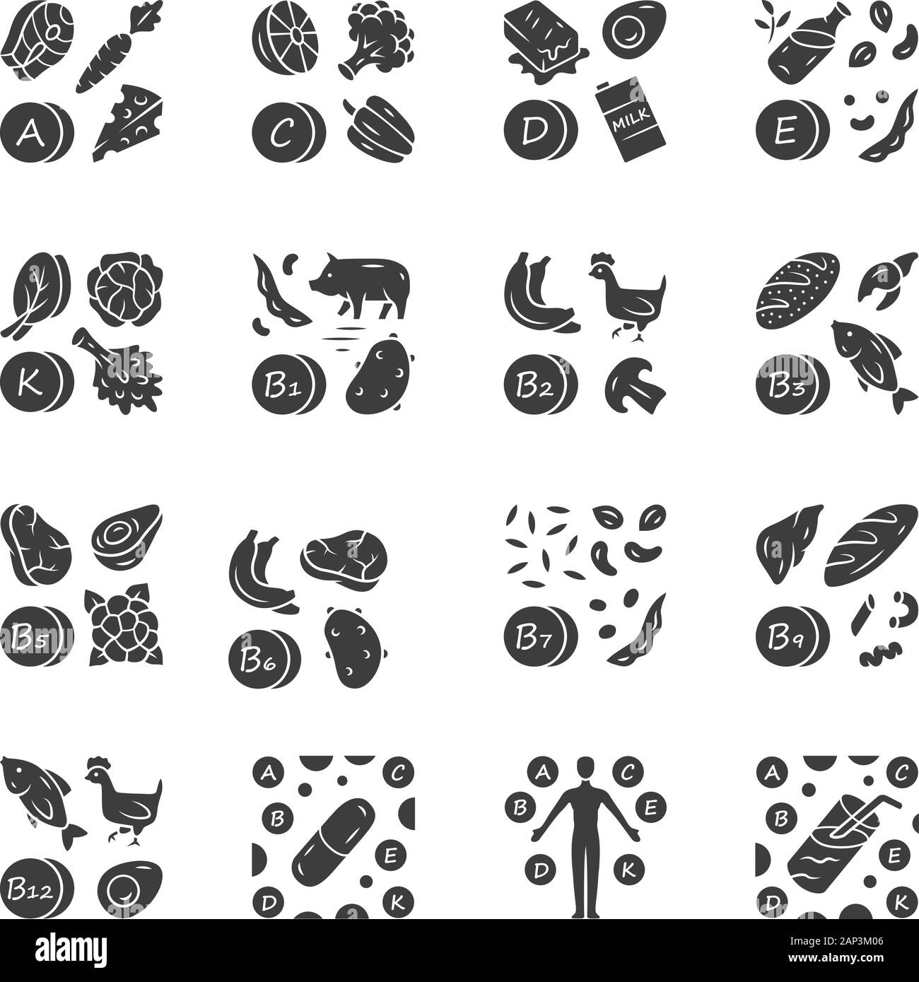 Vitamine Glyphe Symbole gesetzt. A, C, D, E, K, B natürliche Nahrungsquelle. Vitamin Pille, komplex, Cocktail. Obst und Gemüse. Die richtige Ernährung. Mineralien, ein Stock Vektor