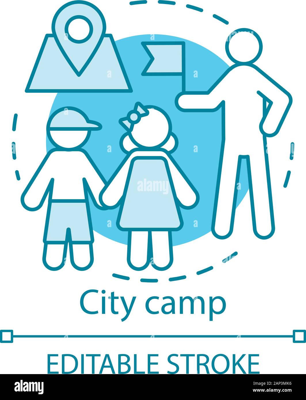 City Camp Konzept Symbol. Sommer städtischen Kinderclub, urlaub Zeitvertreib Idee dünne Linie Abbildung. Die Erkundung der Stadt, Besuch von Sehenswürdigkeiten der Stadt. Vektor Isola Stock Vektor