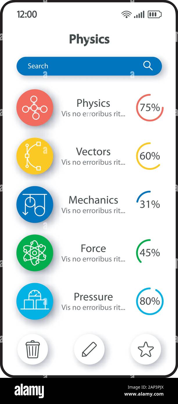 Studium der Physik smartphone Schnittstelle vektor Vorlage. Mobile App Seite weiß Design Layout. Physikalischen Wissenschaften. Flachbild-UI für die Anwendung. Coverin Stock Vektor