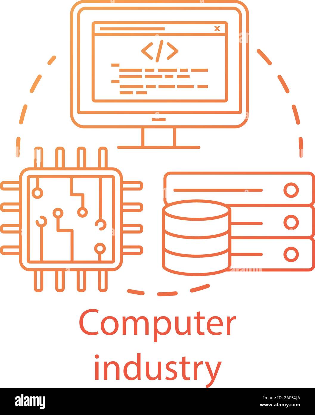 Computer Industrie Konzept Symbol. Hardware, Software Entwicklung. Programmierung. Data Server, CPU. Informationstechnologie Idee dünne Linie Abbildung. Vec Stock Vektor