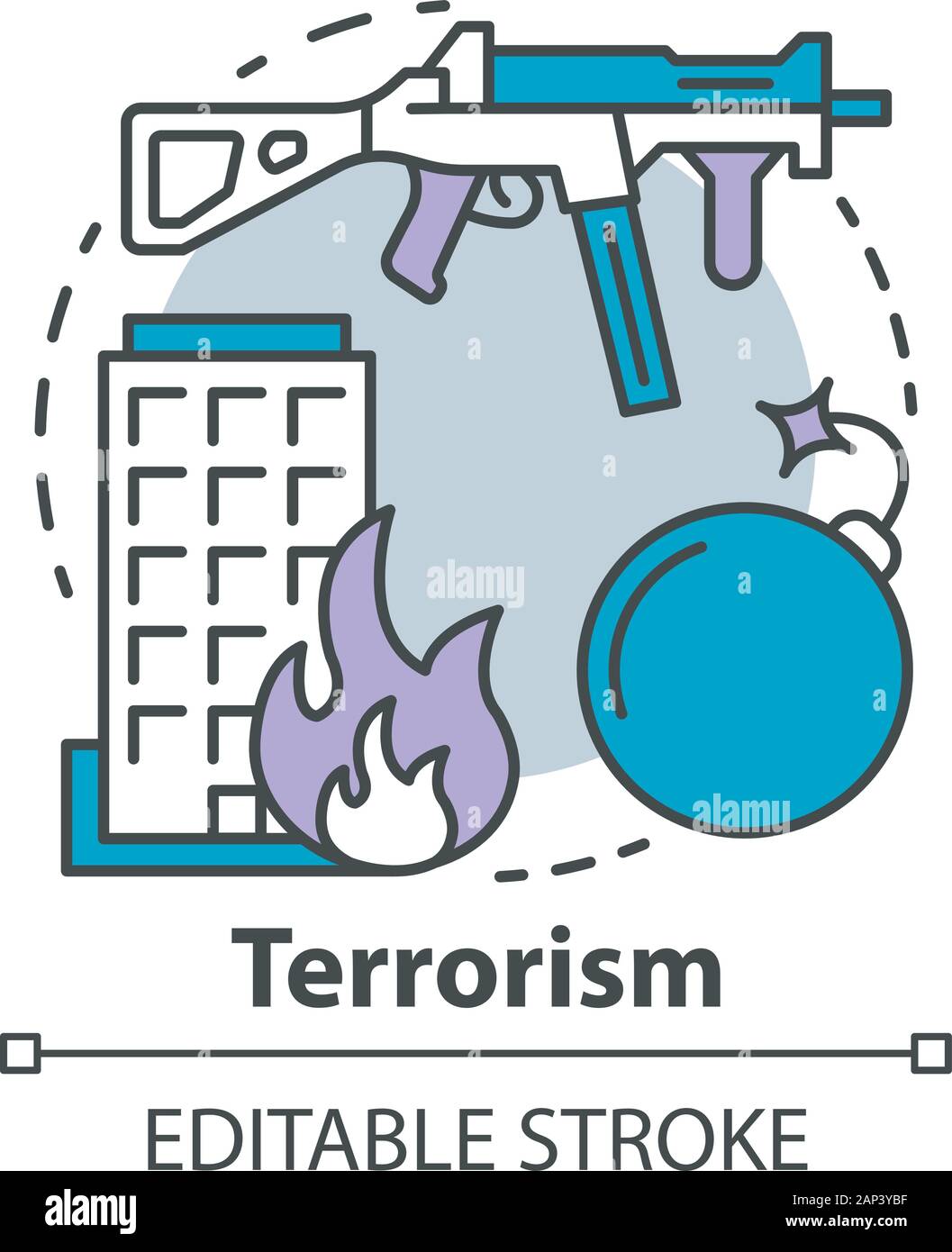 Terrorismus Konzept Symbol. Waffengewalt Idee dünne Linie Abbildung. Krieg & Terror. Terroristische militärischen Angriff, Explosion. Extremismus. Gewehr und die Bombe. Vecto Stock Vektor