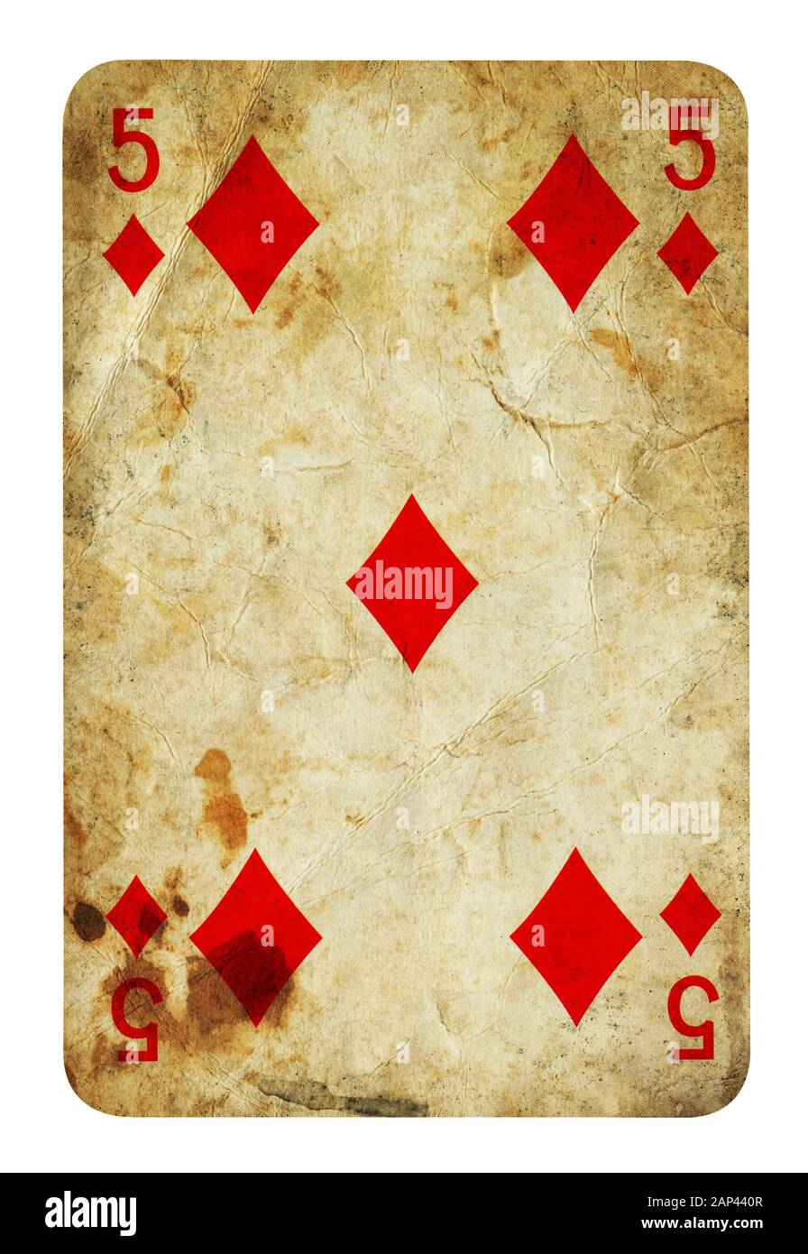 Fünf von Diamond Vintage Playing Card - isoliert auf weißem (clipping path enthalten) Stockfoto