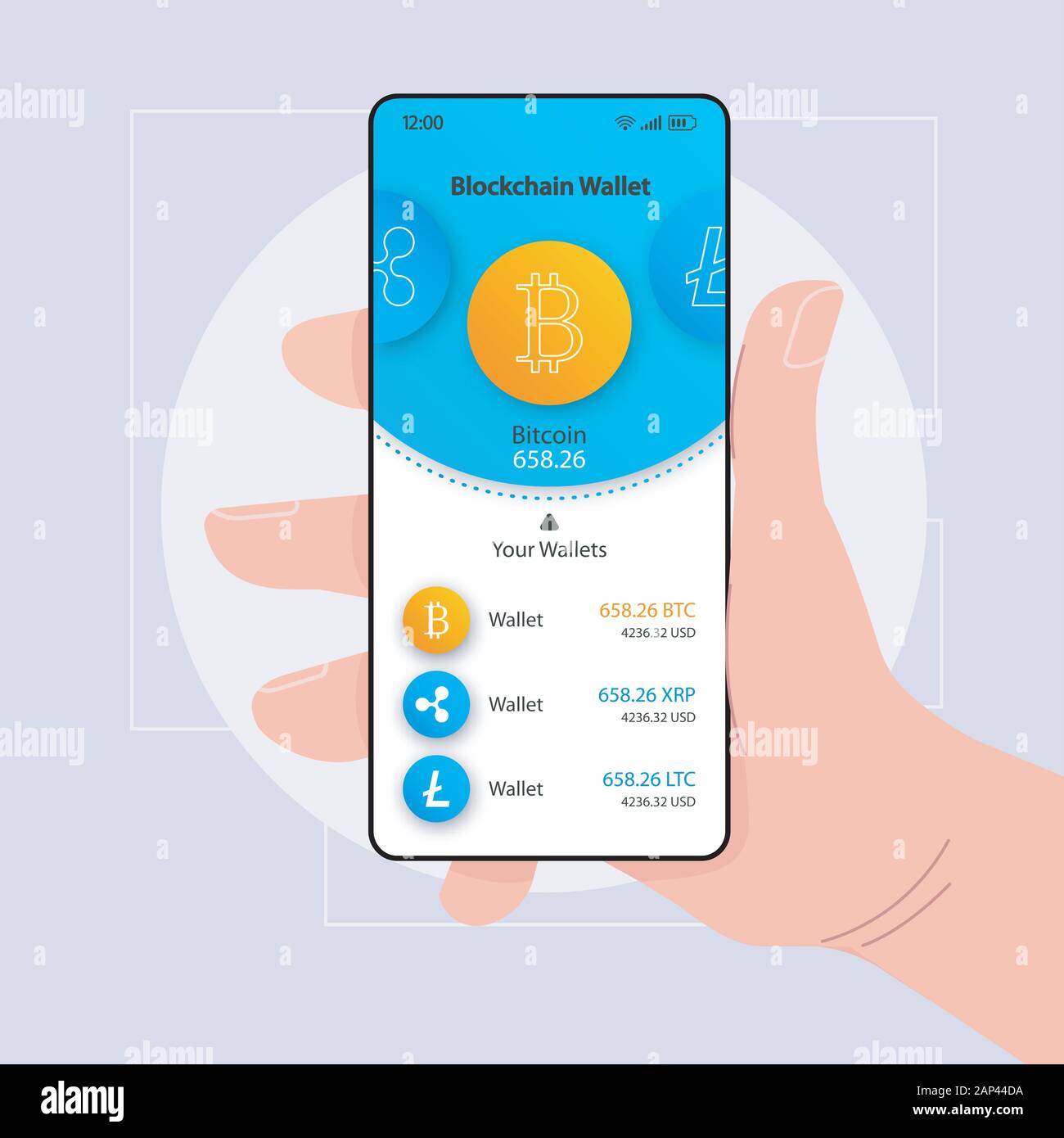 Blockchain Geldbeutel organizer smartphone Schnittstelle vektor Vorlage.  Mobile App Seite blau und weißen Design Layout. BTC Betrag angezeigt.  Flachbild-UI für Anwendungen Stock-Vektorgrafik - Alamy
