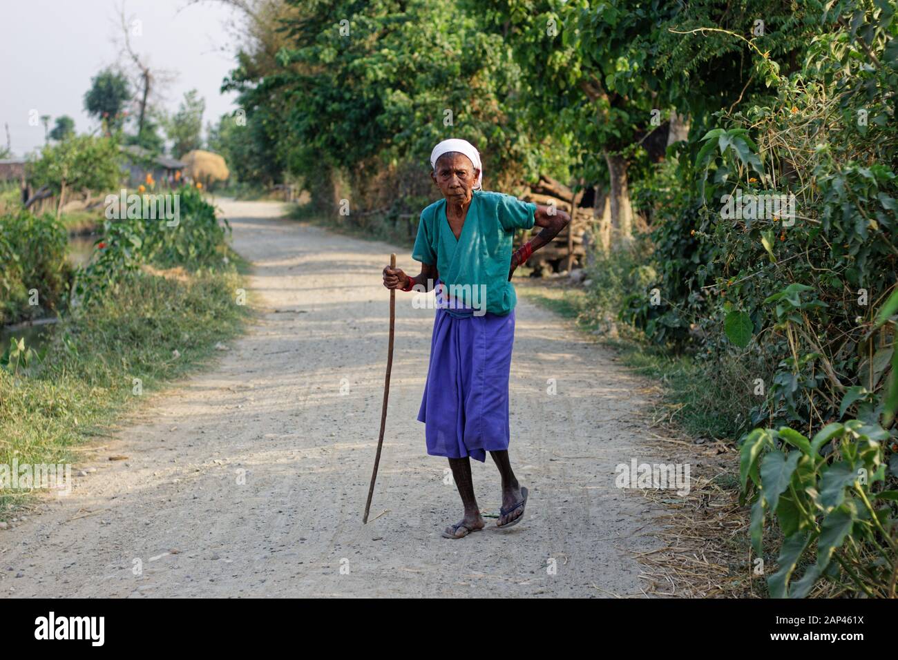 Eine gealterte Frau, die mit einem Stock auf einer schmutzigen Straße im Dorf Bardiya, Nepal, spaziert Stockfoto