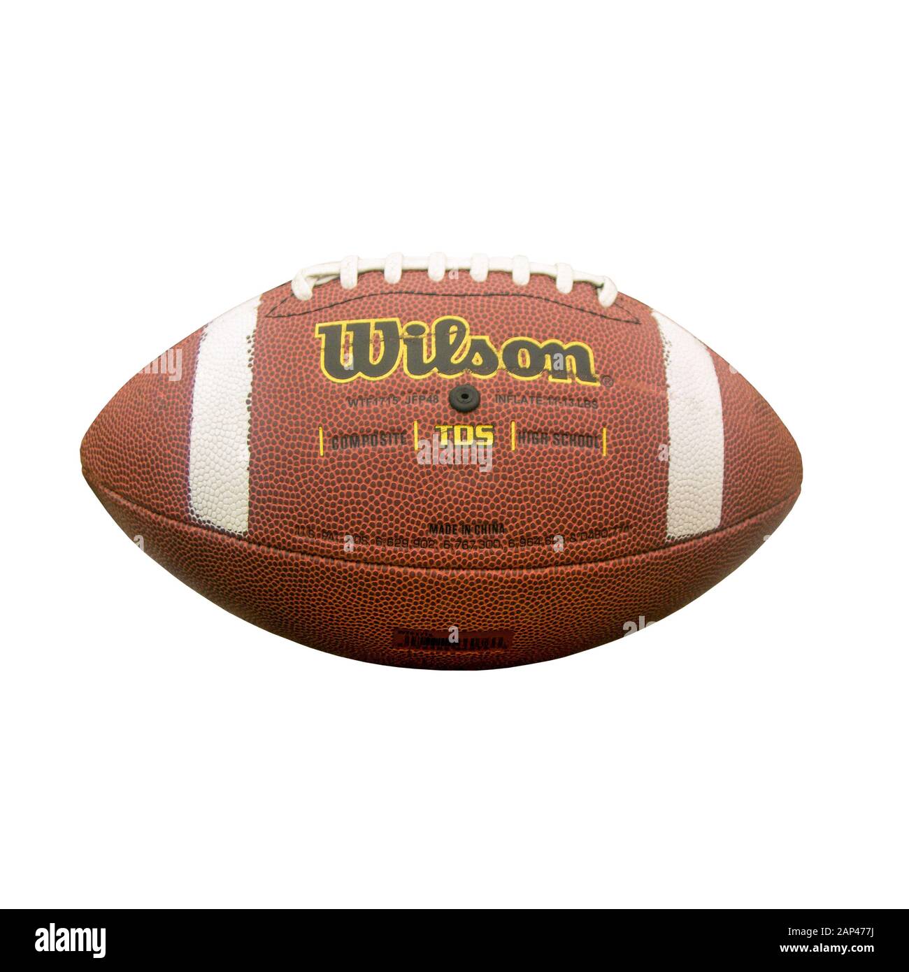 Klassischer American Wilson Fußball-Spielball isoliert auf weißem Hintergrund Stockfoto