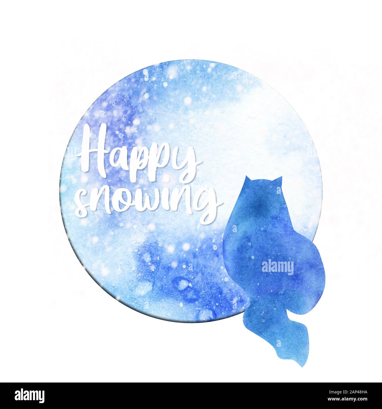 Silhouette des Wasserfarbensitzens und Blick auf die Schneekatze und das runde Fenster mit "fröhlicher Schnauze"-Text Stockfoto