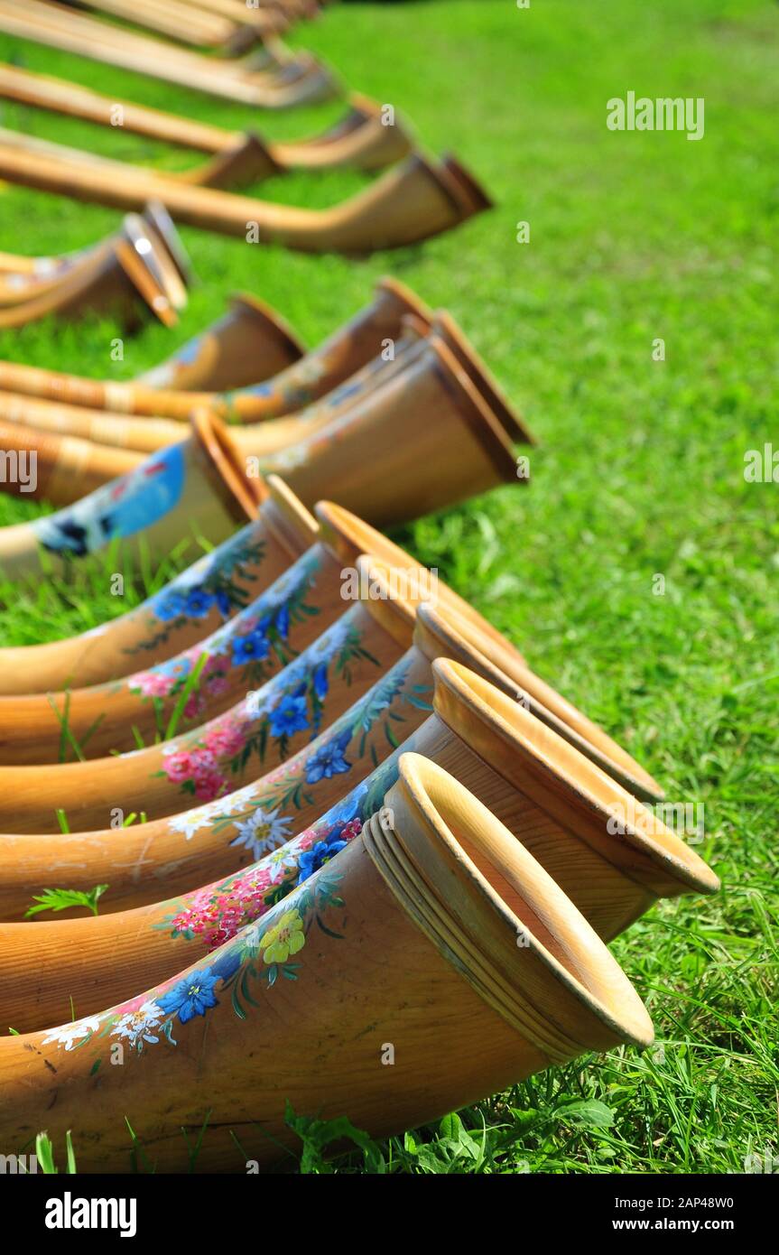 Alphorns auf einer Alpenwiese im Allgäuer, Schwaben, Bayern, Deutschland, Europa Stockfoto