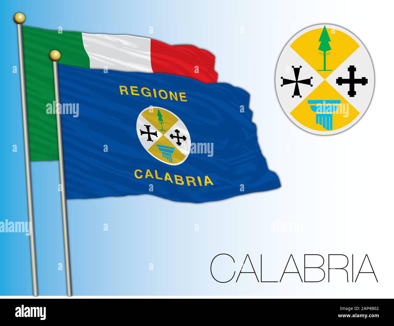 Kalabriens regionale offizielle Flagge und Wappen, Italienische Republik, EU, Vektorgrafiken Stock Vektor