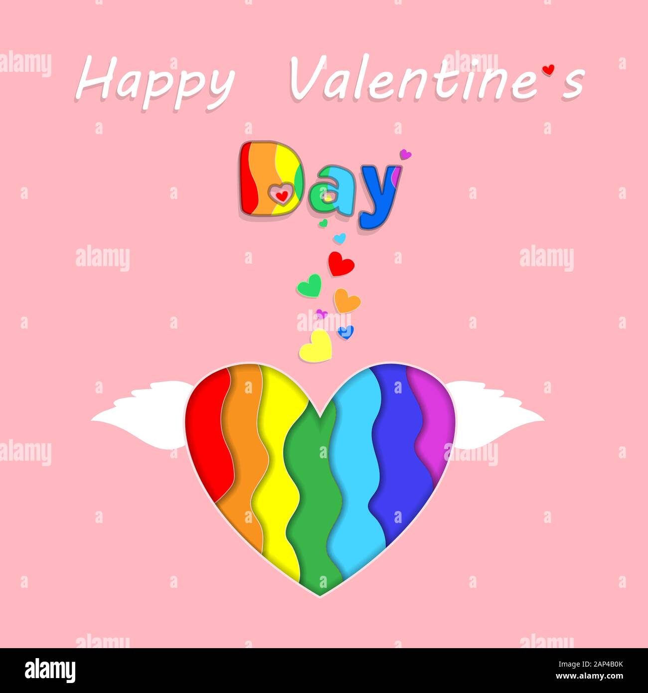 Saint Valentine Rainbow Paper Cut Herz mit Flügeln Happy Valentines Tag Grußkarte auf Rosa Hintergrund. Urlaub Feier, Lgbt Liebe und Gay Lesbi Stock Vektor