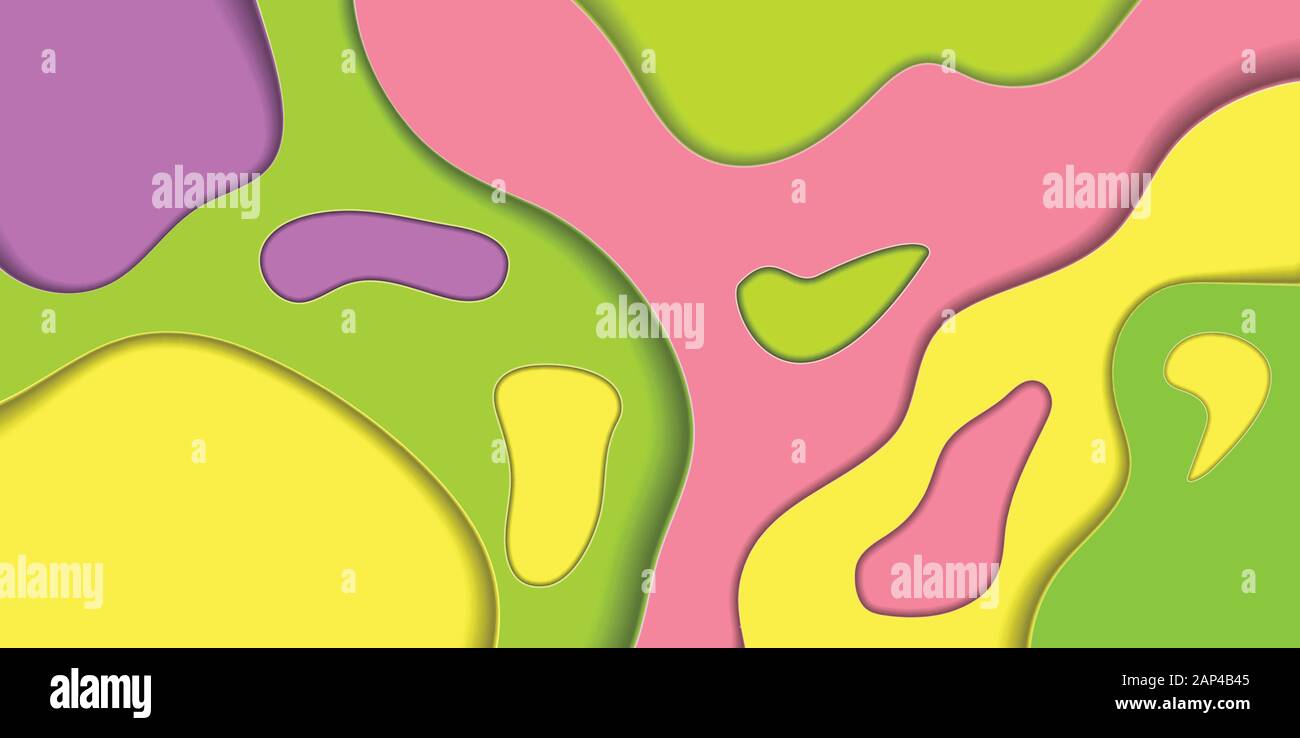 Papier schneiden Abstract Background, niedliche Kinder Farben Grün Pink Gelb Lila Schichten für Banner oder Business Card Design. Trendigen, modernen Strömungsgeometrie Formen Stock Vektor
