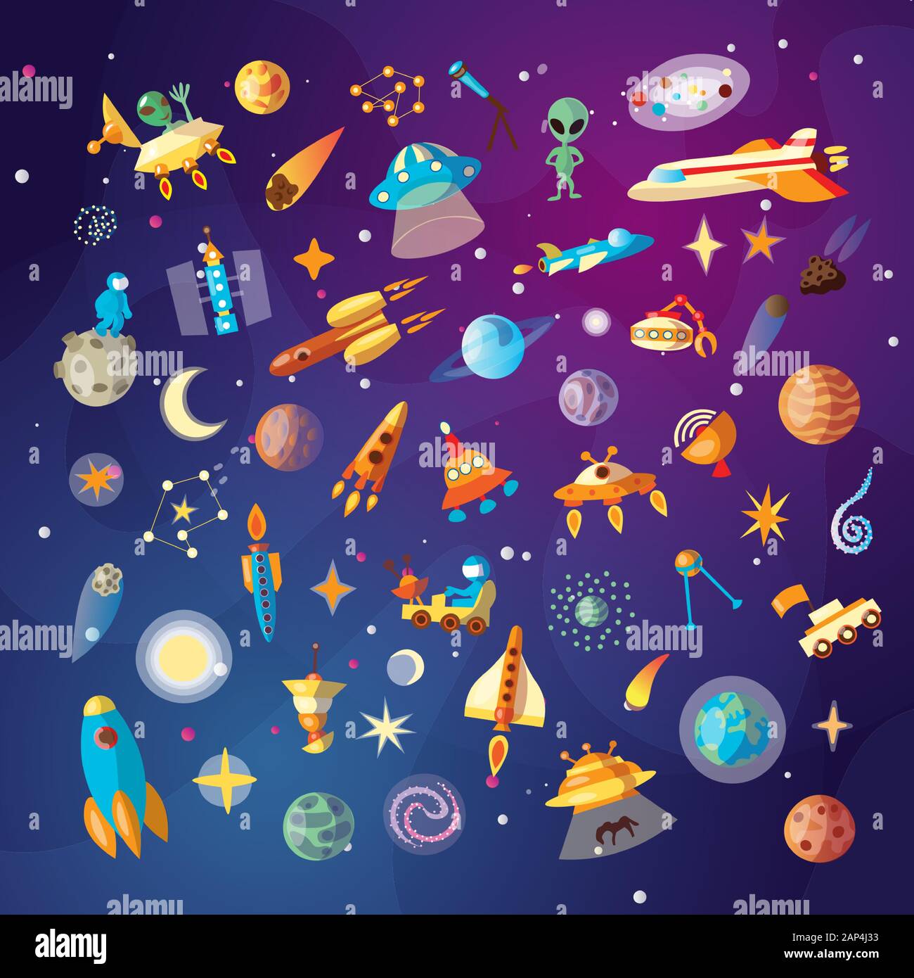Cute cartoon Space Explorer, Astronomie Wissenschaft und UFO-Vektor einrichten. Lunar Rover, Planeten, Raketen, Raum Objekte und Aliens auf cosmos Hintergrund. Raum Stock Vektor