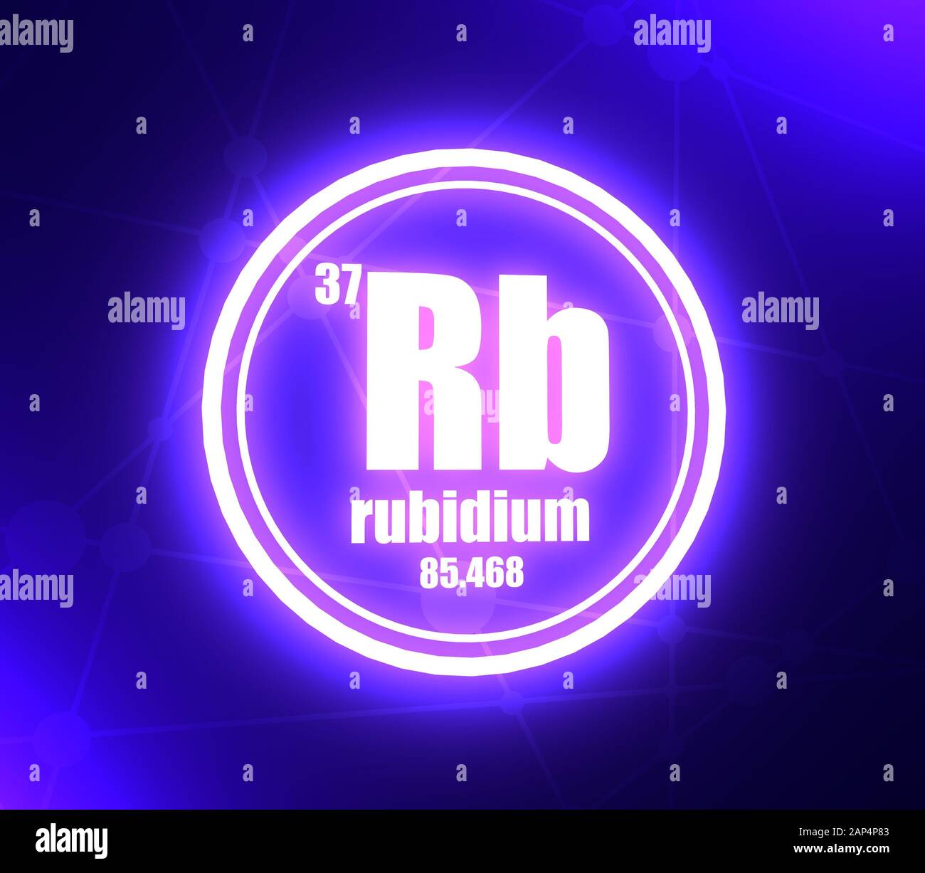 Chemisches RUBIDIUM-Element. Schild mit Ordnungszahl und Atomgewicht. Chemisches Element des Periodensystems. Molekül- und Kommunikationshintergrund. Konne Stockfoto