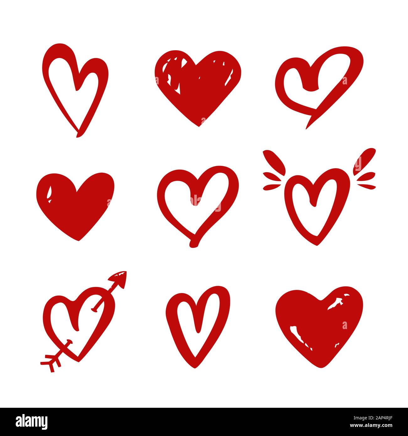Herzen isoliert auf einem weißen Hintergrund. Vektor Hand gezeichneten Symbole für Liebe, Hochzeit, Valentinstag oder anderen romantischen Design. Set aus 9 verschiedenen Formen. Stock Vektor