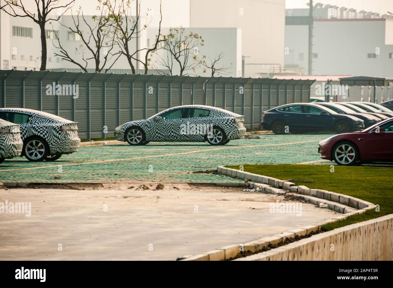 Getarnt Tesla Model 3 außerhalb der Tesla-Fabrik in Lingang, Shanghai, China. Stockfoto