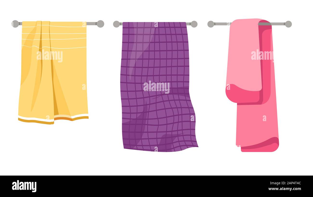 Handtücher auf Halter, Baumwolle, waffer und Terry Textil, isolierte Symbole Stock Vektor