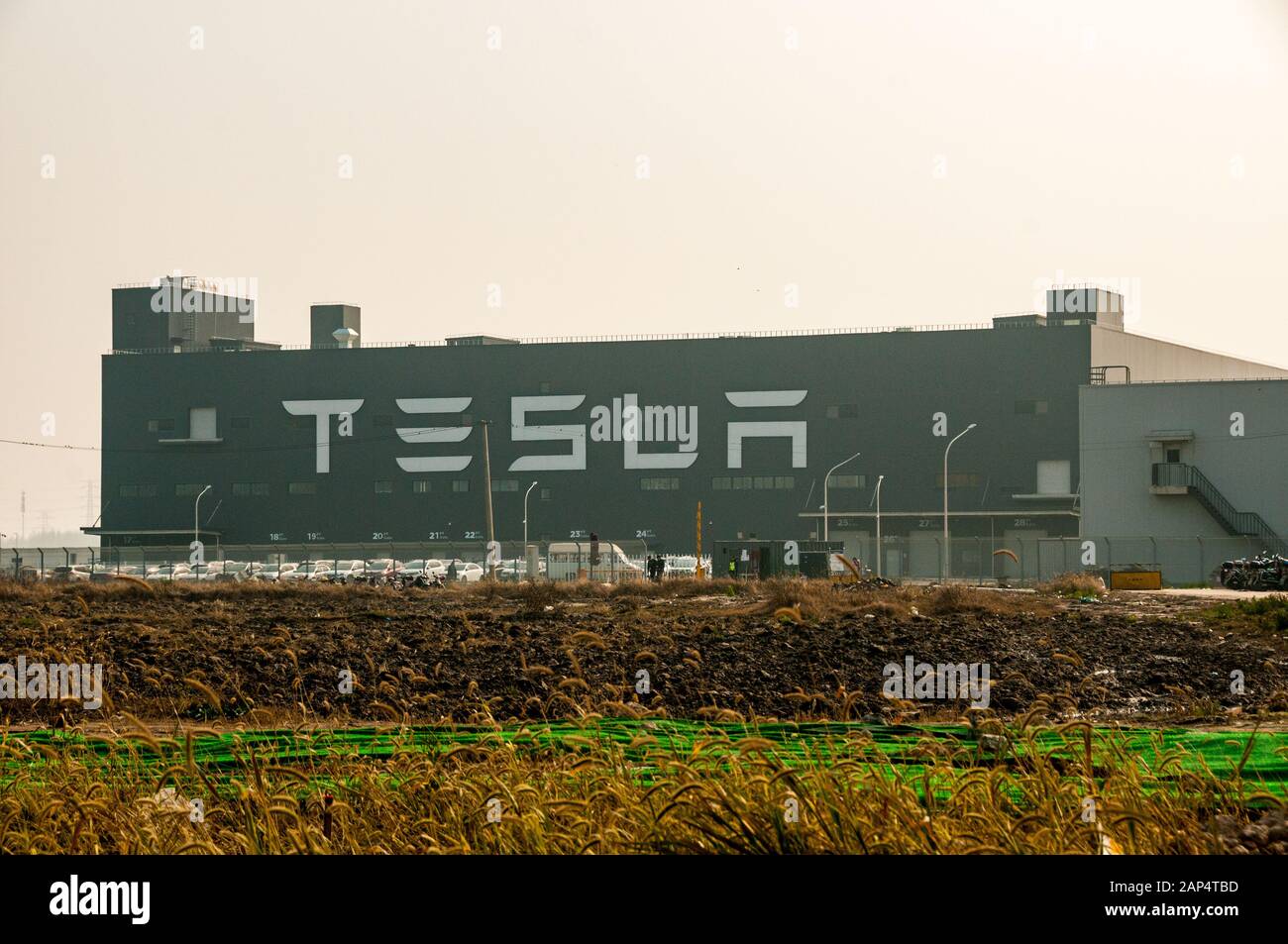 Tesla-Schild auf der Breitseite der chinesischen Fabrik - die Längsseite erstreckt sich etwa einen Kilometer. Stockfoto