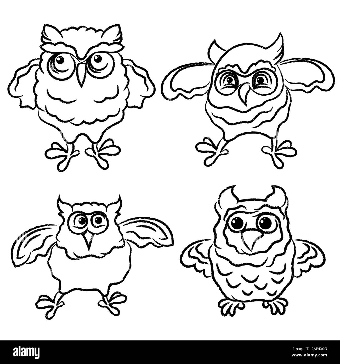 Satz mit vier lustigen Cartoon Eulen auf dem weißen Hintergrund skizziert isoliert, hand Zeichnung Abbildung Stock Vektor