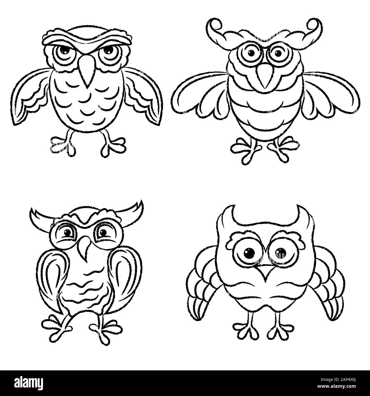 Vier lustige und amüsante Eulen schwarz auf weißem Hintergrund skizziert isoliert, hand Zeichnung Abbildung Stock Vektor