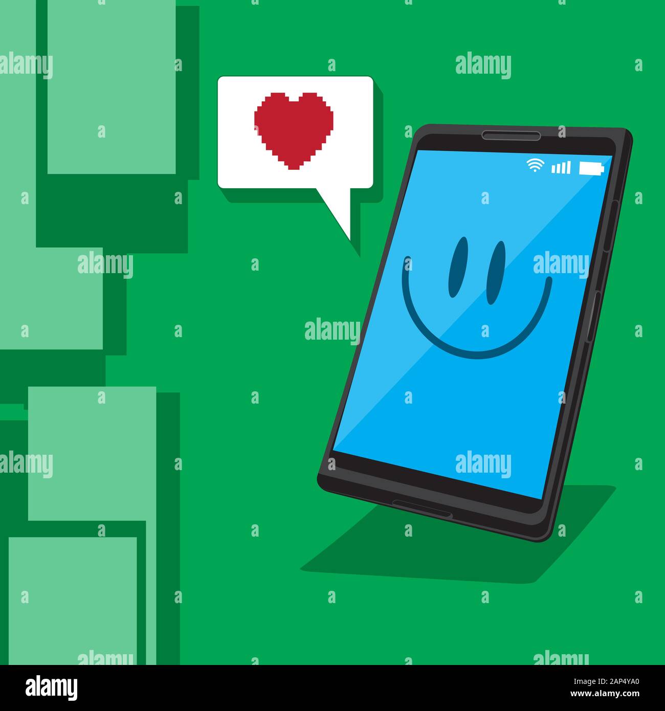 Smartphone Nachricht Herzen lächeln Emotion auf Grün isoliert Hintergrund. Vektor Bild. Stock Vektor