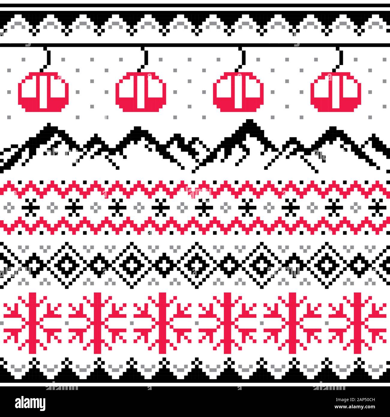 Wintersportarten in den Bergen, Gondeln und Snowboardvektoren nahtloses Muster - traditionelle Strickmode im Stil von Fair Isle Stock Vektor
