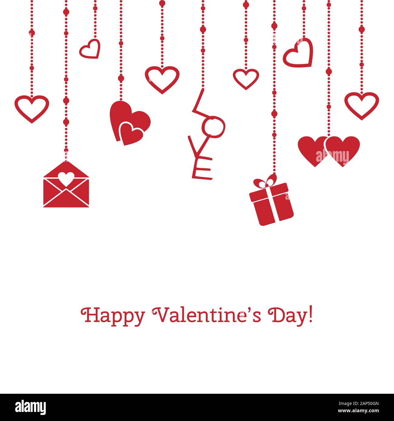 Happy Valentine's Day. Vektor Grußkarte mit hängenden Gegenständen Stock Vektor