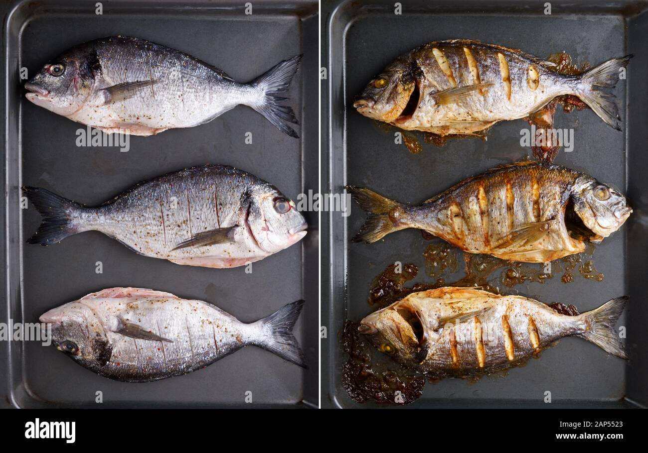 Roh- und gegrillte dorada Fisch auf schwarze Platte. Vor und nach der Vorbereitung. Essen Fotografie Stockfoto