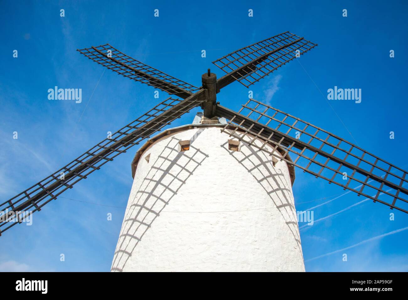 Windmühle. Campo de Criptana, Provinz Ciudad Real, Castilla La Mancha, Spanien. Stockfoto