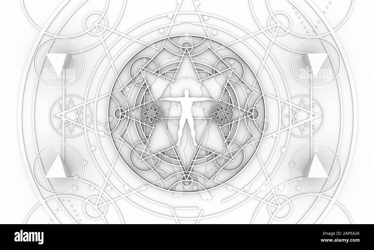 Geheimnis, Zauberei, Okkultismus und Alchemie tattoo Zeichen. Mystische vintage gotischen Geometrie dünne Linien Symbol mit Silhouette eines muskulösen Mann. 3D-renderin Stockfoto