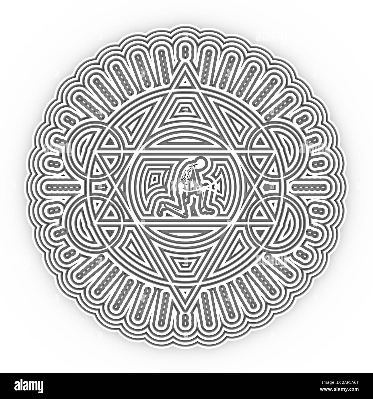 Geheimnis, Hexerei, okkultes und alchemes Tattoo-Zeichen. Mystische Vintage Gothic Geometrie dünne Linien Symbol mit Silhouette eines menschlichen Skeletts. 3D-Rendering Stockfoto