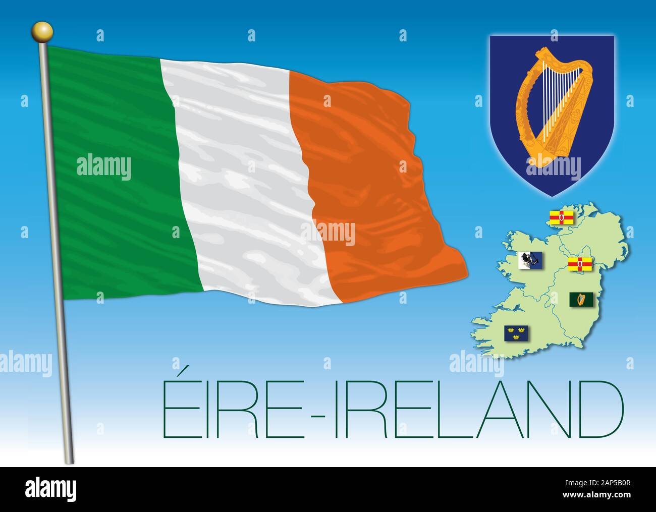 Offizielle Flagge und Wappen von Irland, Europäische Union, Vektorgrafiken Stock Vektor