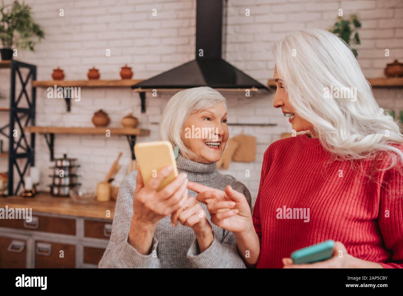 Zwei ältere Grauhaarige positive Damen sprechen über neue Technologien Stockfoto
