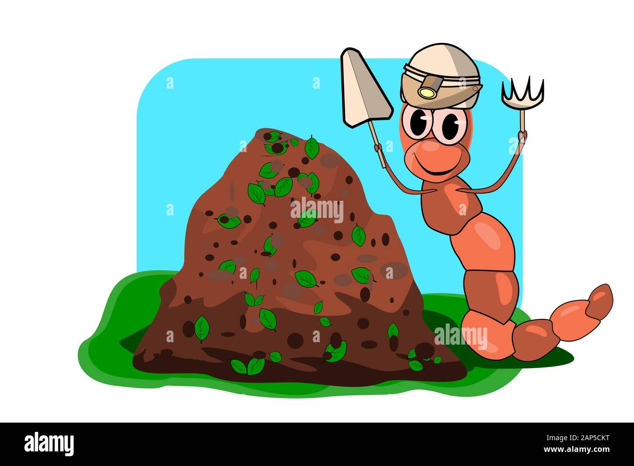 Wurm in der Nhe von Pile Kompost auf weiem Hintergrund. Cartoon Regenwurm  mit einer Schaufel. Design Label fr Regenwurm, Boden, organische Dnger,  Verkauf. Vektor Stock-Vektorgrafik - Alamy