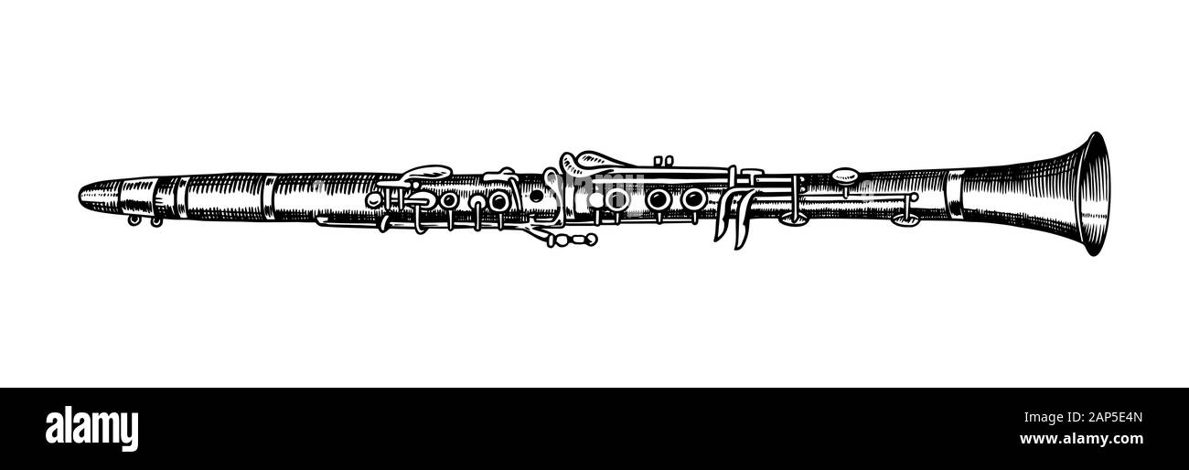 Jazz flute. Vector Illustration klassische wind Trompete. Musical Instrument in doodle Umrisse Stil. Hand gezeichnet monochrome graviert Skizze für Vintage Stock Vektor