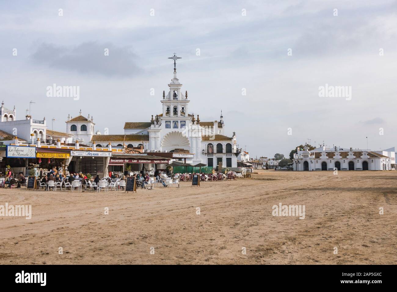 El Rocio Spanien, Kirche, Einsiedlerei der Jungfrau von El Rocio, im Marismas Nationalpark Doñana, Andalucia, Spanien, Europa Stockfoto