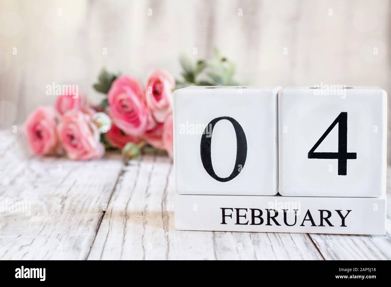Weiße Holzkalendarkaden mit dem Datum 4. Februar. Selektiver Fokus mit pinkfarbenem Ranunculus im Hintergrund über einem Holztisch. Stockfoto