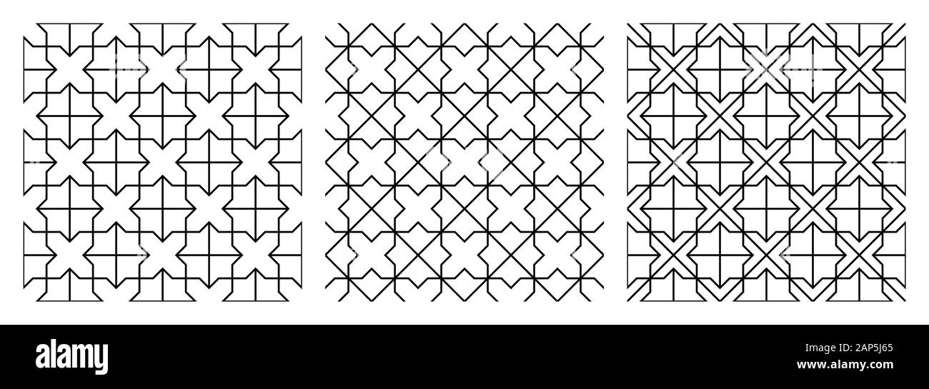 Nahtlose abstrakte geometrische Muster auf traditionelle arabische Kunst. Schwarz und Weiß die durchschnittliche Dicke Linien. Eine Reihe von drei Mustern basiert. Stock Vektor