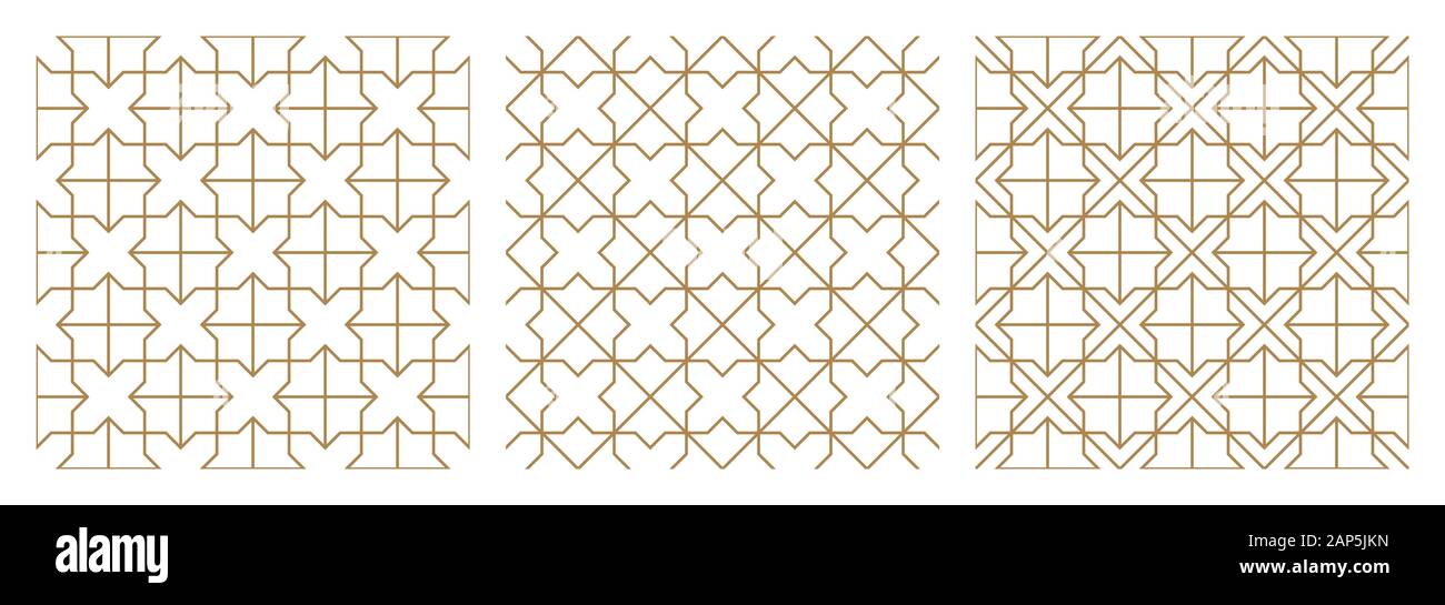 Nahtlose abstrakte geometrische Muster auf traditionelle arabische Kunst. Braun durchschnittliche Linien. Eine Reihe von drei Muster. Stock Vektor