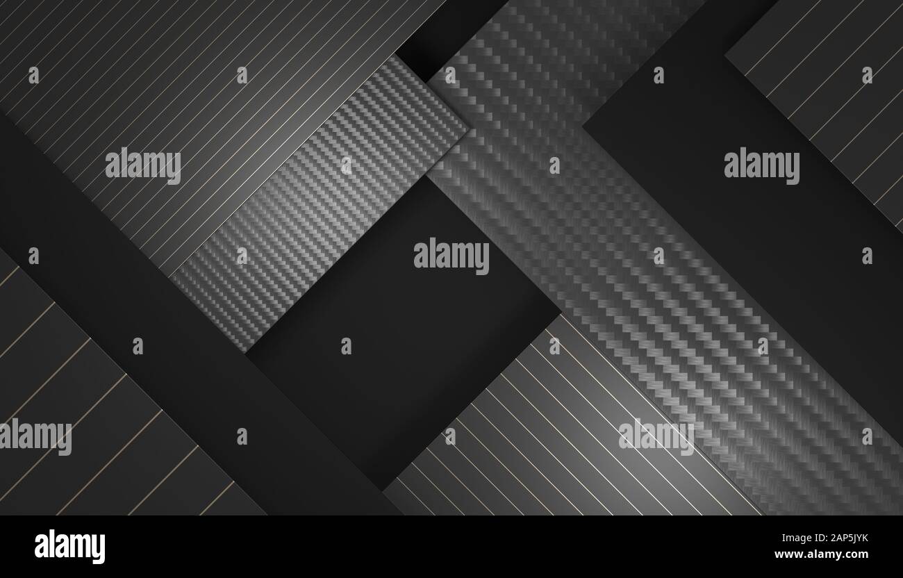Geometrische Hintergrund aus verschiedenen Materialien, schwarz, Carbon- und goldfarbenen Streifen. 3D-Render. Copyspace. Minimale dunkel getönten Bild. Stockfoto