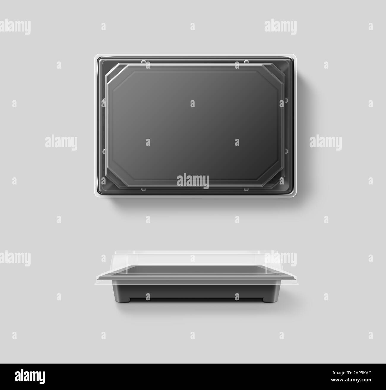 Blank Kunststoff Einweg-Lebensmittelbehälter Mockup, transparenter Deckel, isoliert Stockfoto