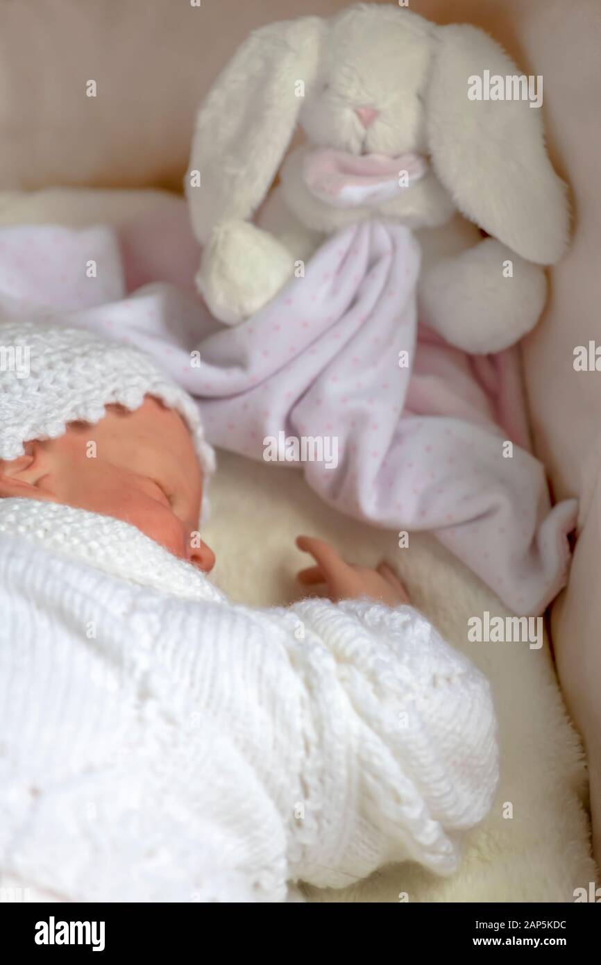 Wiedergeborene Babypuppe, die mit einem kleinen Spielzeug im Hintergrund schläft, selektive Fokussierung auf Werbetexte Stockfoto