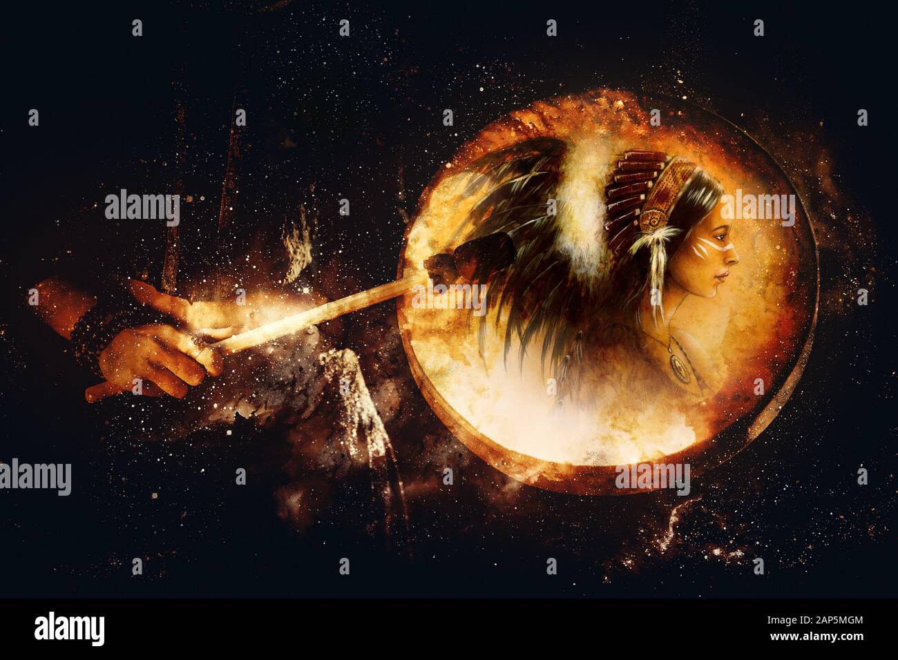 Schamanisches Mädchen mit Rahmentrommel auf abstraktem strukturiertem Raumhintergrund. Stockfoto