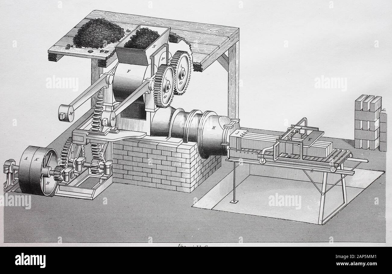Eine dampfbetriebene Maschine für die Herstellung von Backsteinen/dampfbetriebene Maschine zur Herstellung von Ziegel, Historisch, digital verbesserte Reproduktion einer Vorlage aus dem 19. Jahrhundert/digitale Reproduktion einer Originalvorlage aus dem 19. Jahrhundert Stockfoto