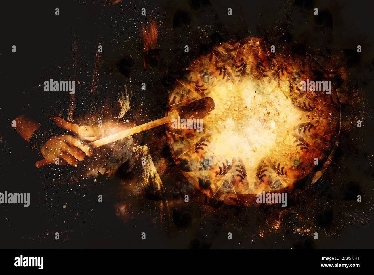 Schamanisches Mädchen mit Rahmentrommel auf abstraktem strukturiertem Raumhintergrund. Stockfoto